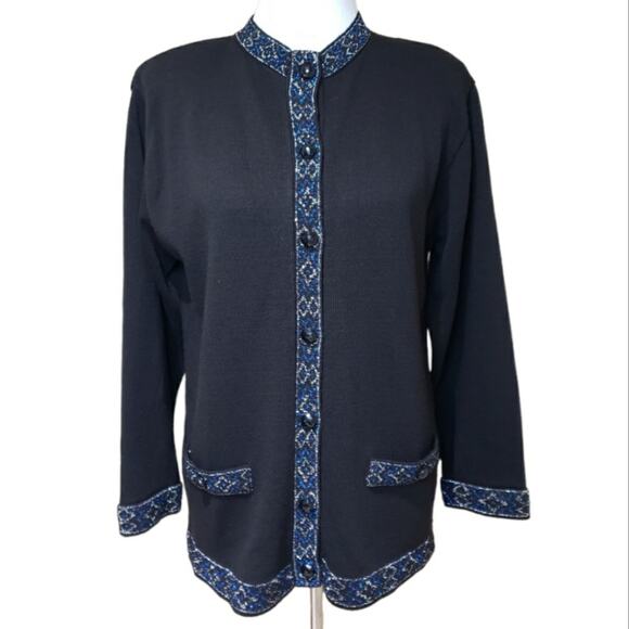 Vintage Sweater Jacket Metallic Blue Black Size M Faceted Buttons - Picture 1 of 9